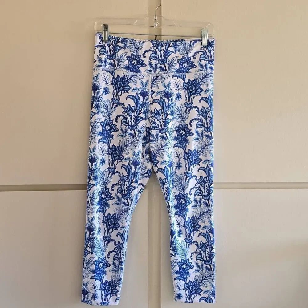 Kira Grace Blue & White Floral Botanical Print Leggings, NWOT, Sz. M